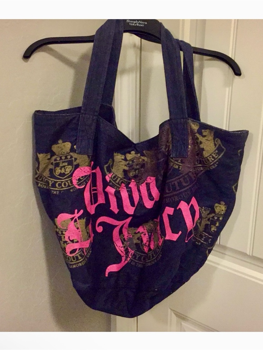 Juicy Couture Navy Tote with Hot Pink Logo and Gold Crest
